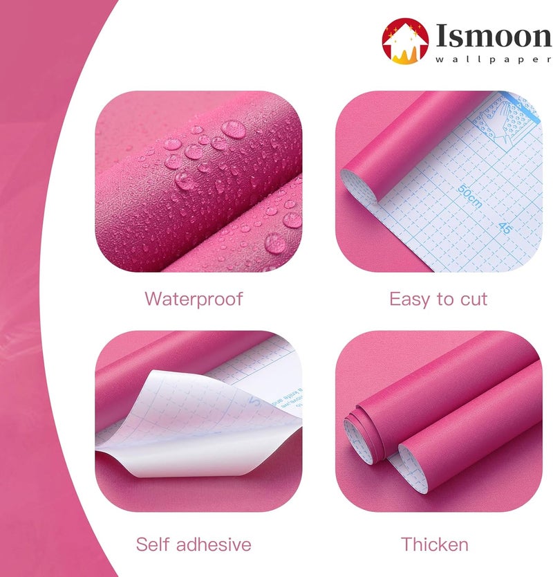 Ismoon 17.7inx118in Pink Wallpaper Peel and Stick Wallpaper Pink Contact Paper Waterproof Removable Self-Adhesive Renter Friendly Bathroom for Cabinets Decor Vinyl - Image 3